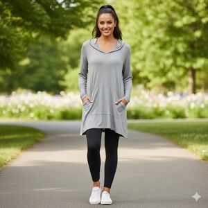 Soft Surroundings Hoodie Tunic Shirt Women‎ Small Gray Stretch 3/4 Sleeve Pocket
